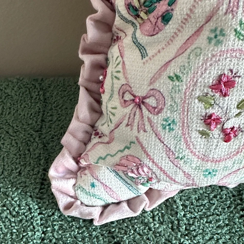 Shabby Chic Easter Egg 🥚 Pillow Pink Ribbon Bow Green Rose Ruffle Trim NEW!